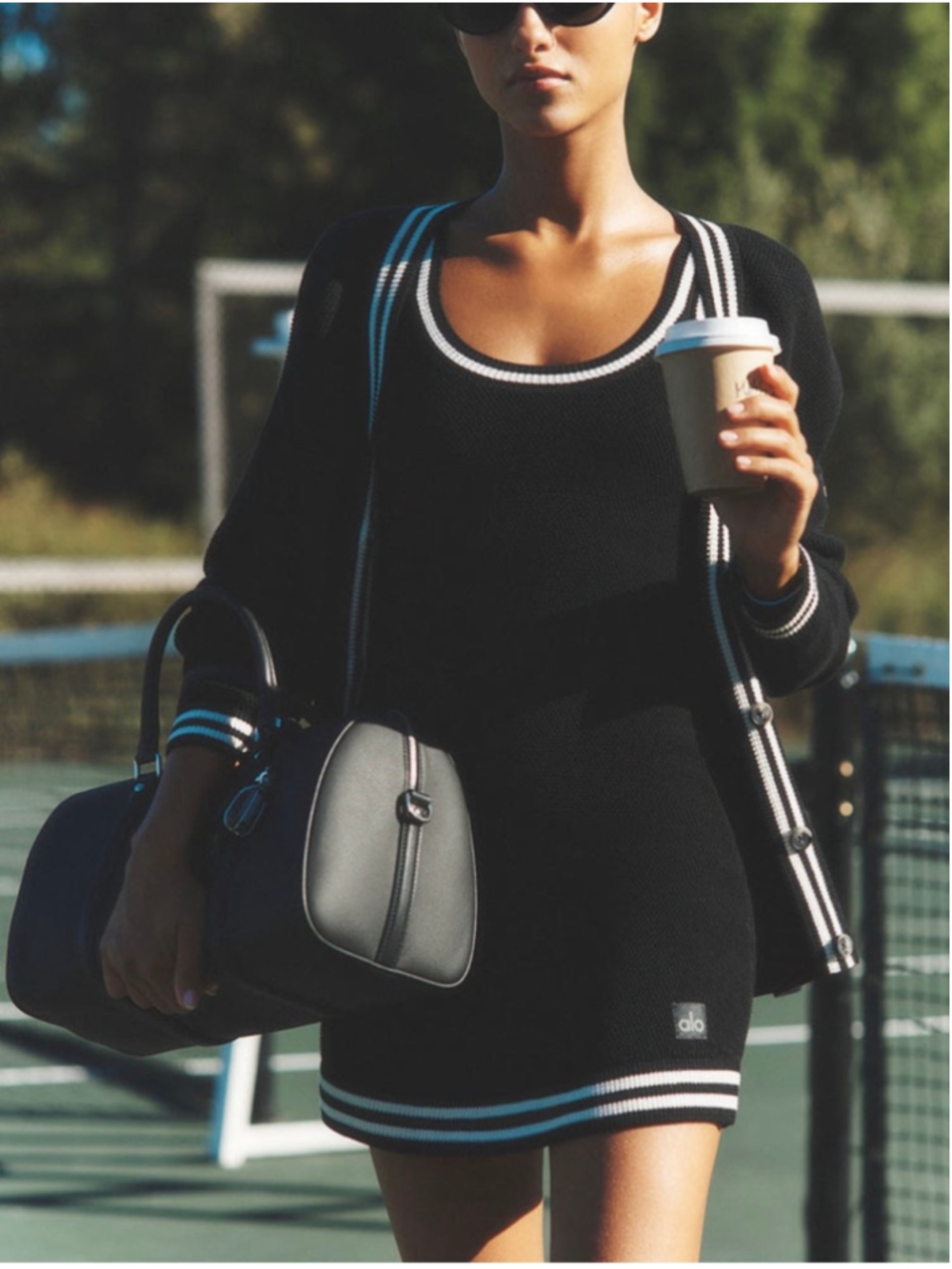 Alo Yoga Tennis Club Knit Sweater Dress Black/Ivory Stripe L NWOT